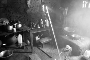 kitchen at my homestay.  Ray of light shining through the smoke